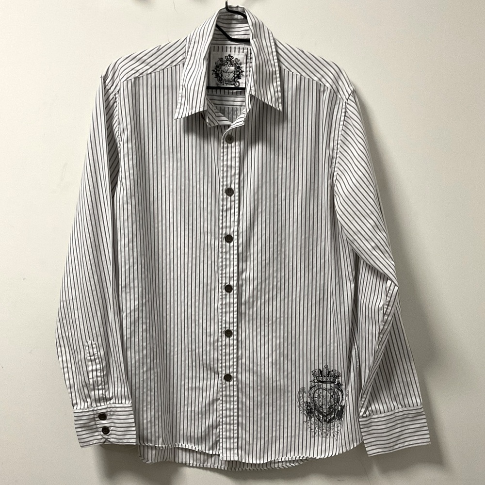 Stylish Level Ten Crown & Wing Graphics White Gray Striped Button Down Shirt!